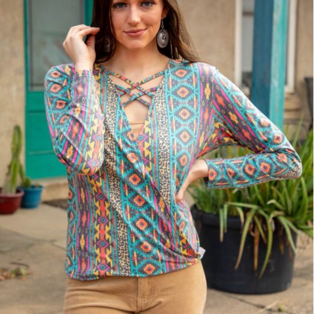 Blue and Pink Long Sleeve Tie Front Blouse